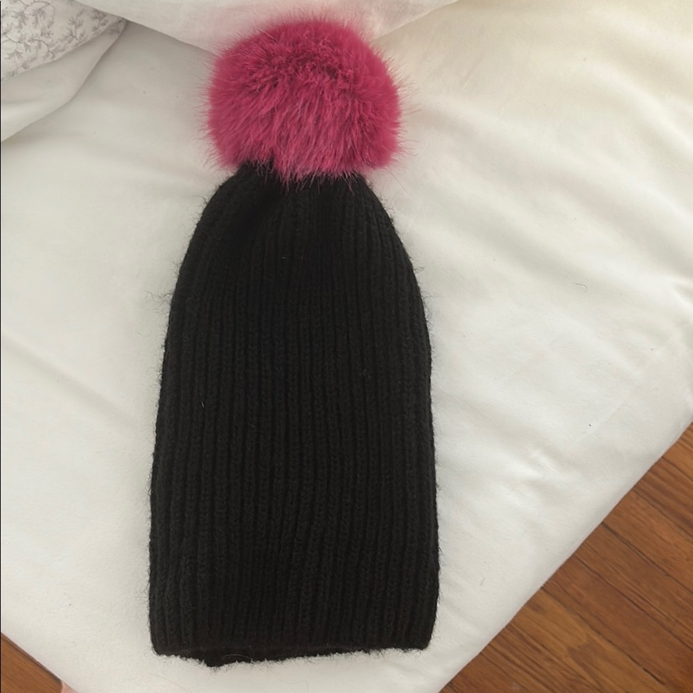 Black Knit Beanie with Pink Pom-Pom